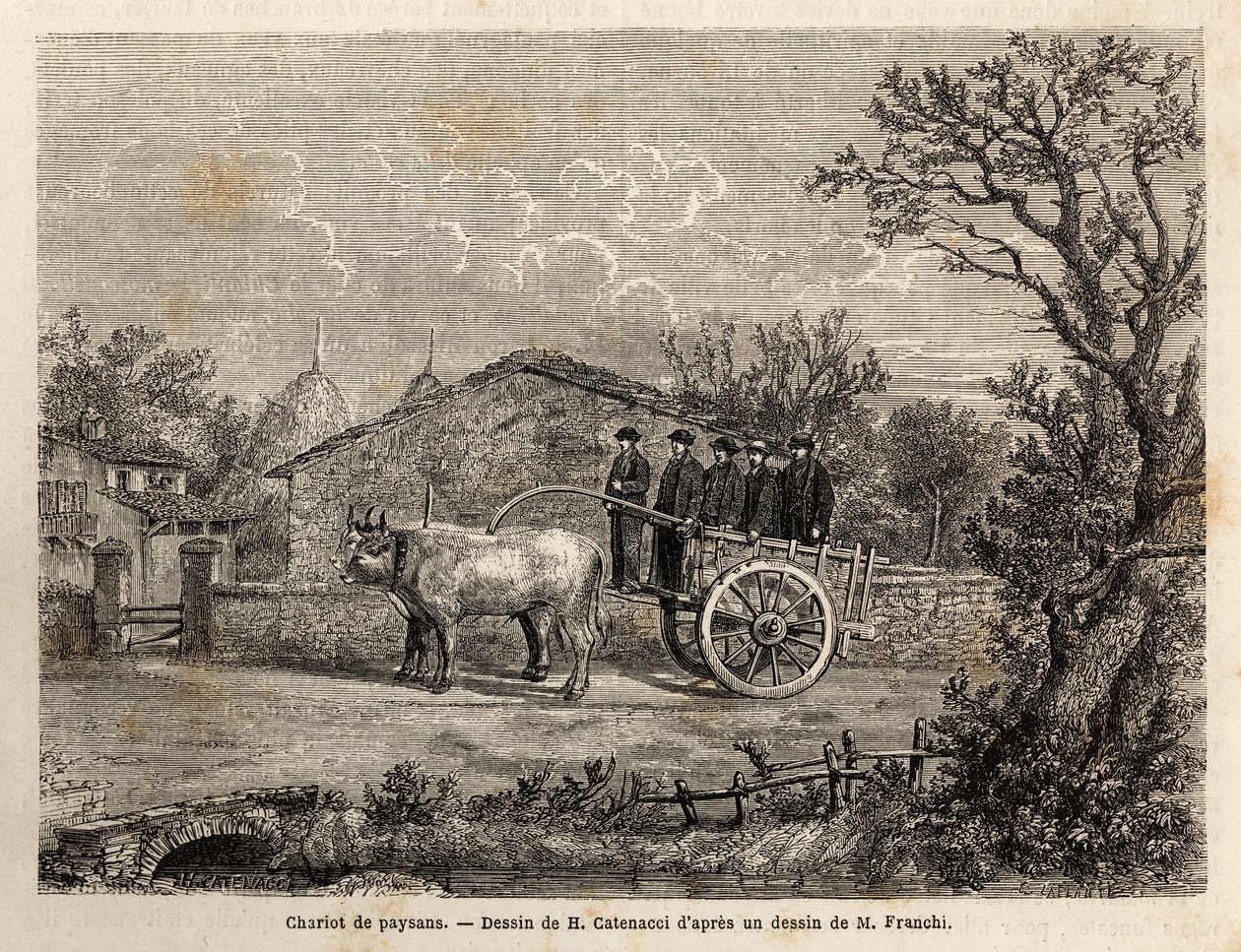 En Sienesisk vogn med bønder, har to hjul, til transport af vintønder, trukket af et par små hvide okser. Gravering til illustration af en rejse til Siena (Italien) i 1865, i "" Le tour du monde, nouveau journal des voyages"" udgivet under dir. af Unknown artist