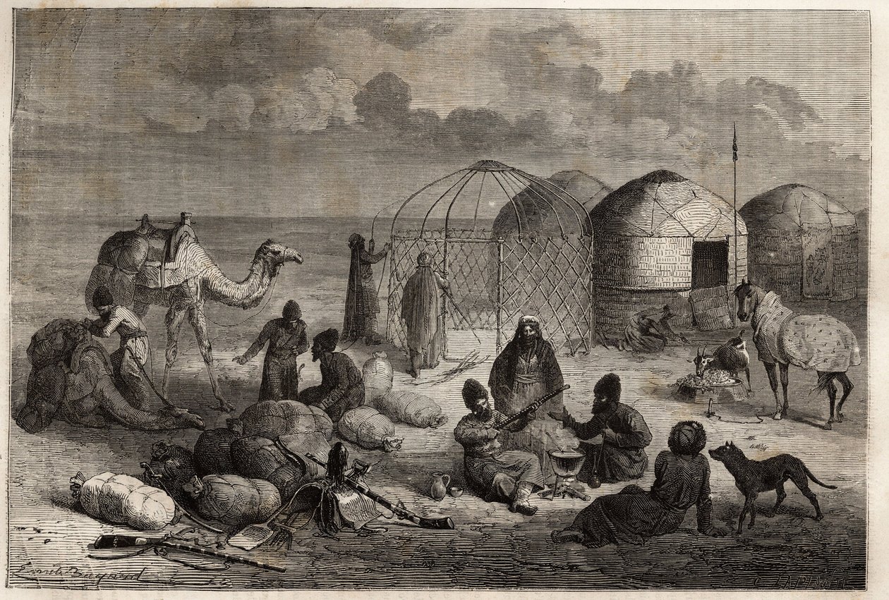 En turcomansk lejr i grænseområdet til Turkestan og Persien, hvert telt, der er lavet af træespalier og dækket med filt, huser en familie. Gravering for at illustrere historien om Henri de Blocqueville "14 mois de captivite chez les turcomans"" mellem 1860 af Unknown artist