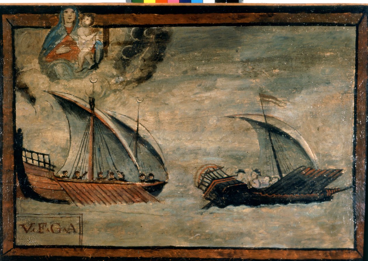En tyrkisk kabys forfølger en kabys fra kongeriget Napoli. Ex-voto fra det 17. århundrede. Madonna dell