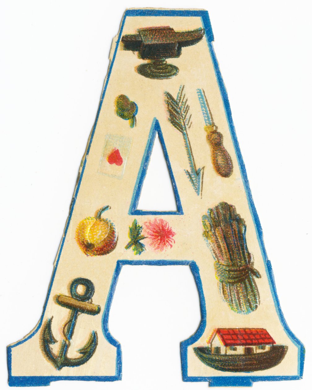 A: ambolt, artiskok, pil, hjerte-es, syl, æble, aster, anker, bue af Noe, asparges (farve litho) af Unknown artist