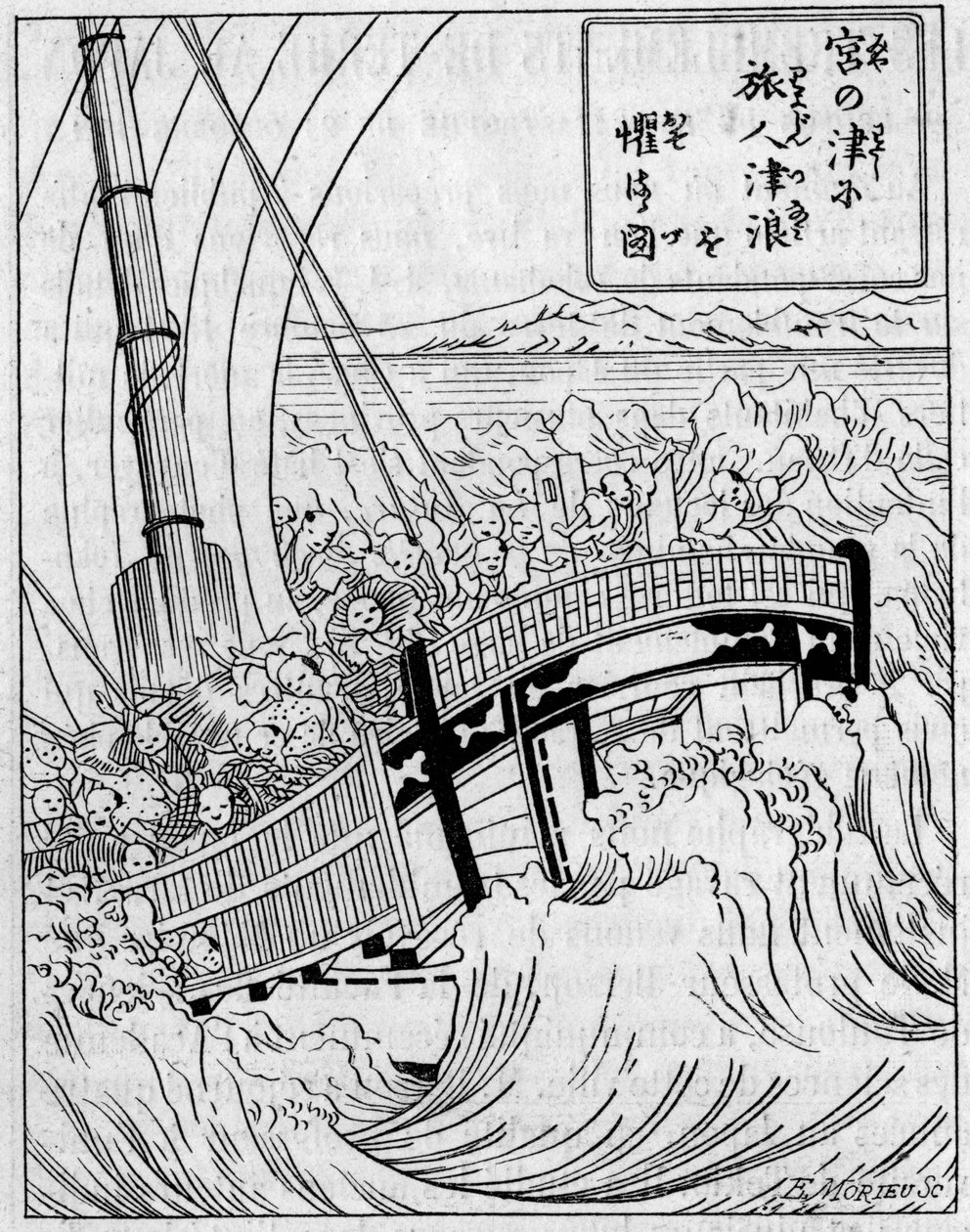 En baggrundsbølge dannet af et jordskælv. Fac simile (Fac-simile) af en gravering fra et japansk værk om jordskælv. Indgravering i "" La Nature: revue des sciences et de leurs applications aux arts et a l