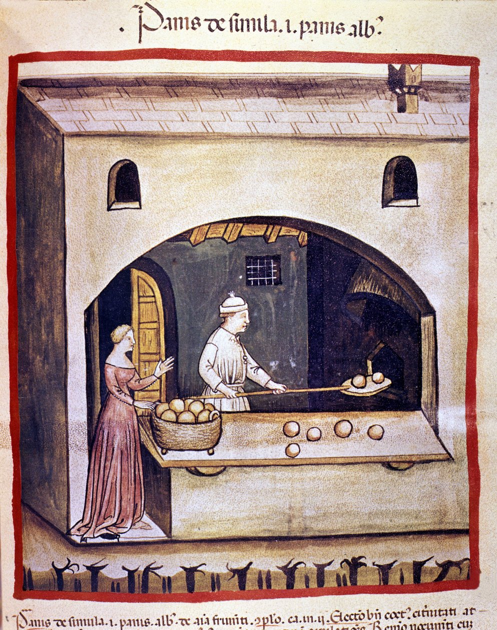 En bager tilbereder hvidt brød og semuljebrød. Belysning fra malkning af medicin og diætetik "" Tacuinum sanitatis"" af Unknown artist