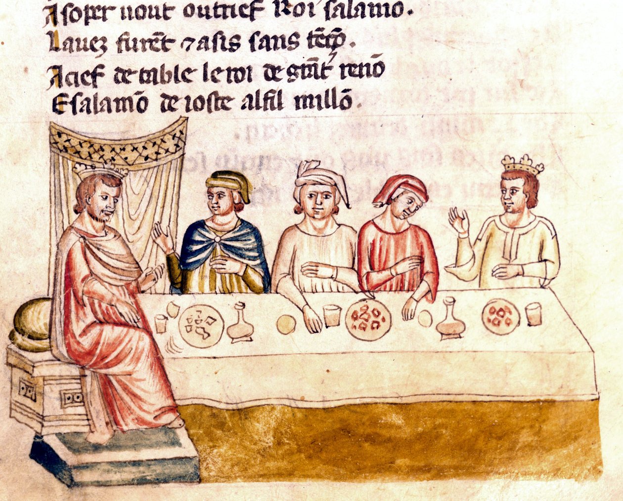 En banketscene: en konge og hans gæster - Miniature fra kodeksen "The Entrree of Spain"" (Ms.Franc.21) 14. århundrede. Biblioteca Marciana, Venedig. af Unknown artist