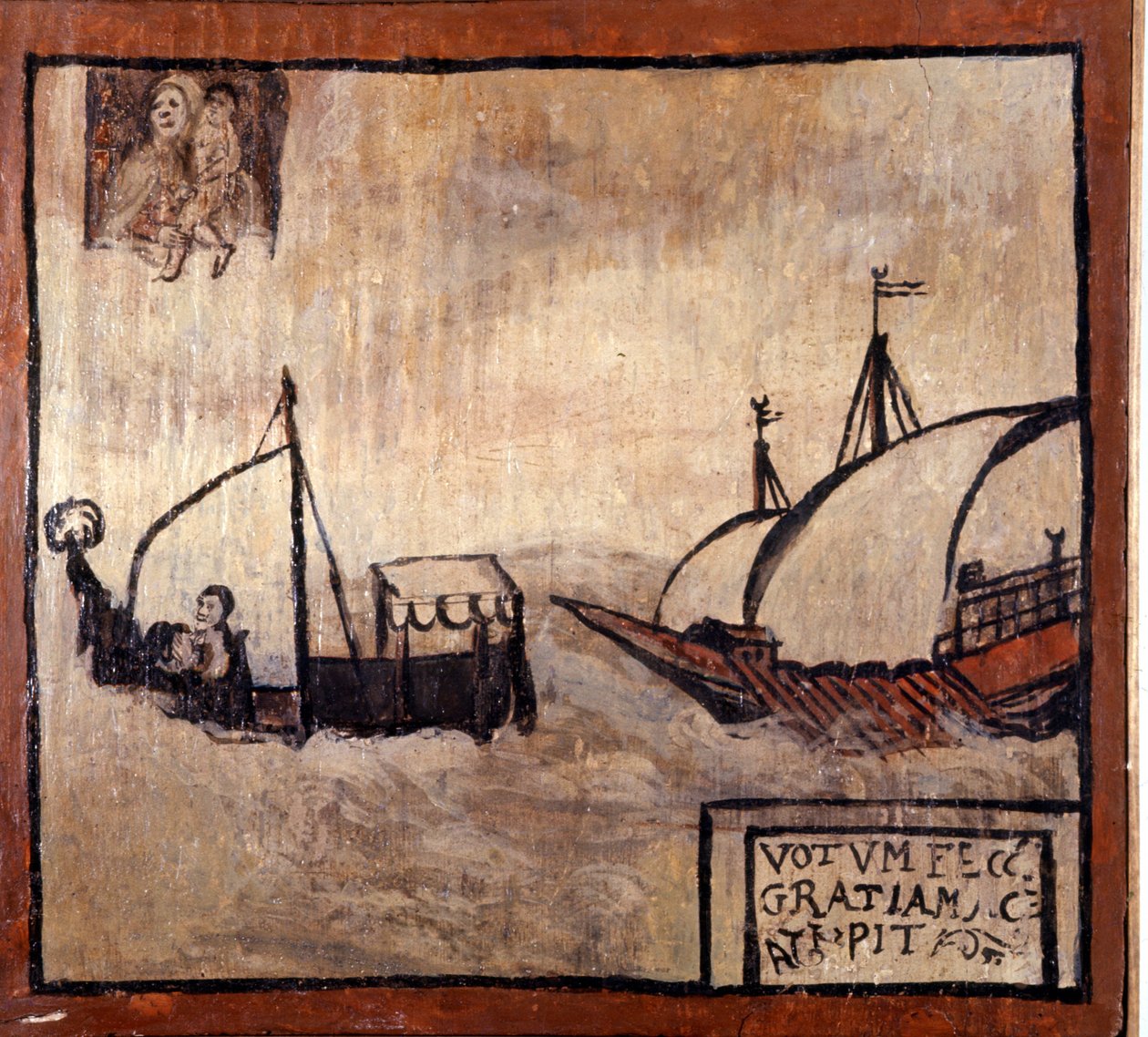 En barbaresk kabys jagter en båd af napolitanske fiskere. Ex-voto fra det 17. århundrede. Madonna dell