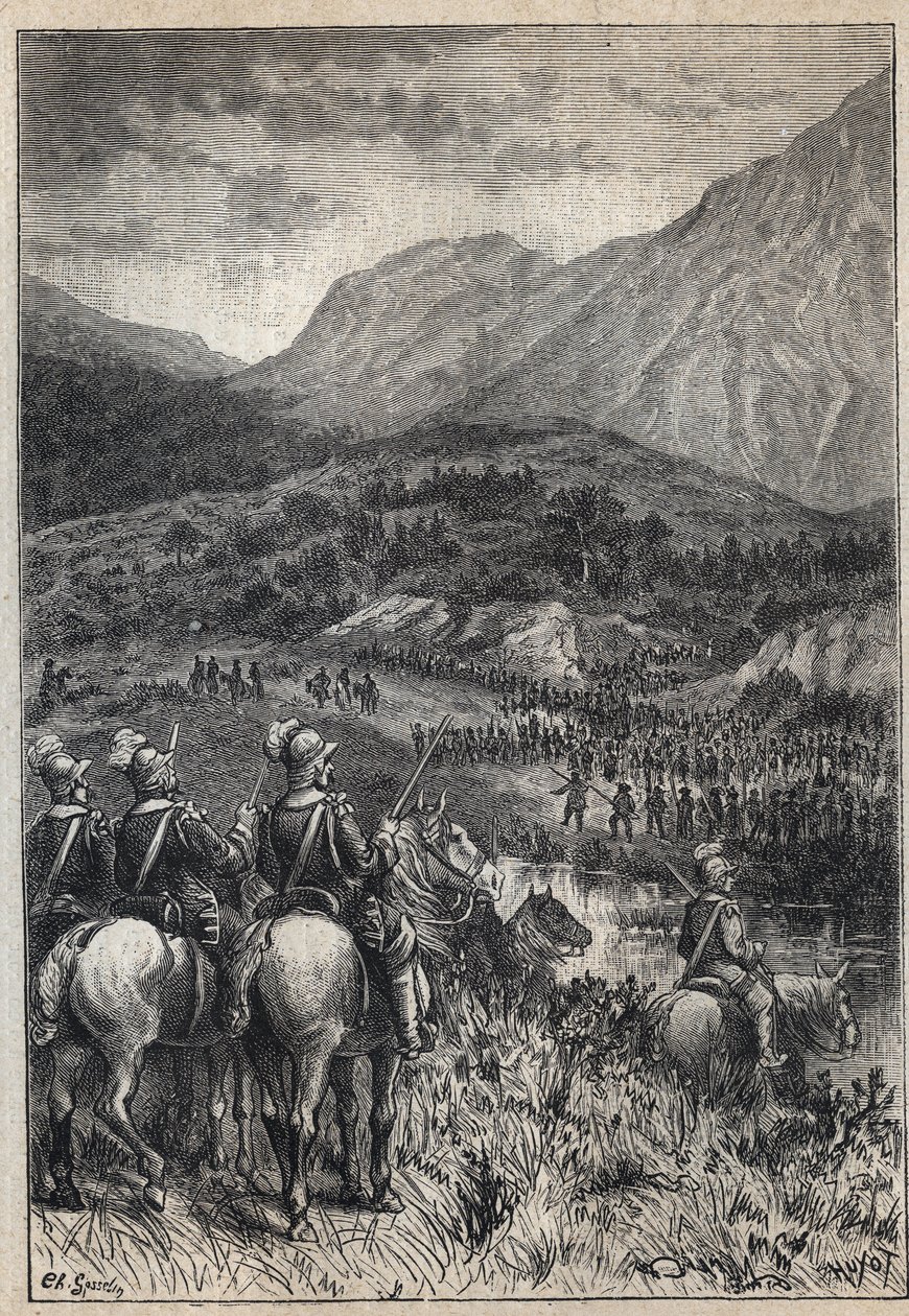 En slagmark - illustration fra det 19. århundrede til den historiske roman "The Puritans of Scotland" (Old Mortality) af Walter Scott (1771-1832) af Unknown artist