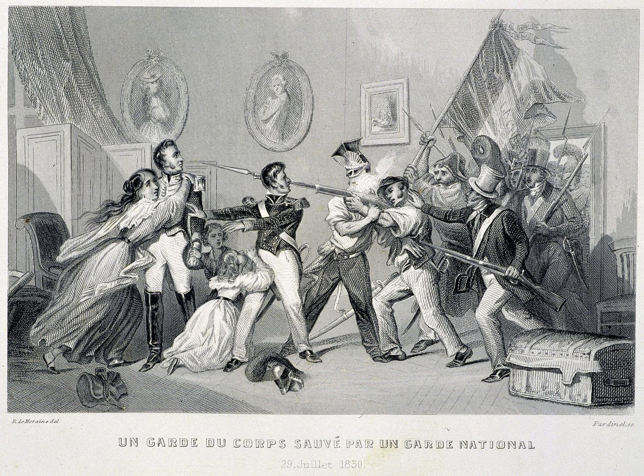 En livvagt redder af en nationalgarde (29. juli 1830) - i "Fasttes de Gardes nationales de France" af Unknown artist