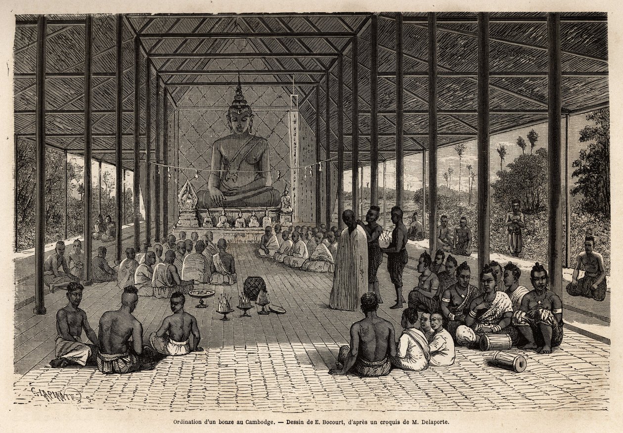 En bonzeordinationsceremoni i et tempel i nærheden af Angkor, Cambodja. Gravering til illustration af udforskningsrejsen i Indokina af Francis Garnier, løjtnant de Vaissseau, i 1866-1868, udgivet i "" Le tour du monde""" 1870-1871, redigeret af af Unknown artist