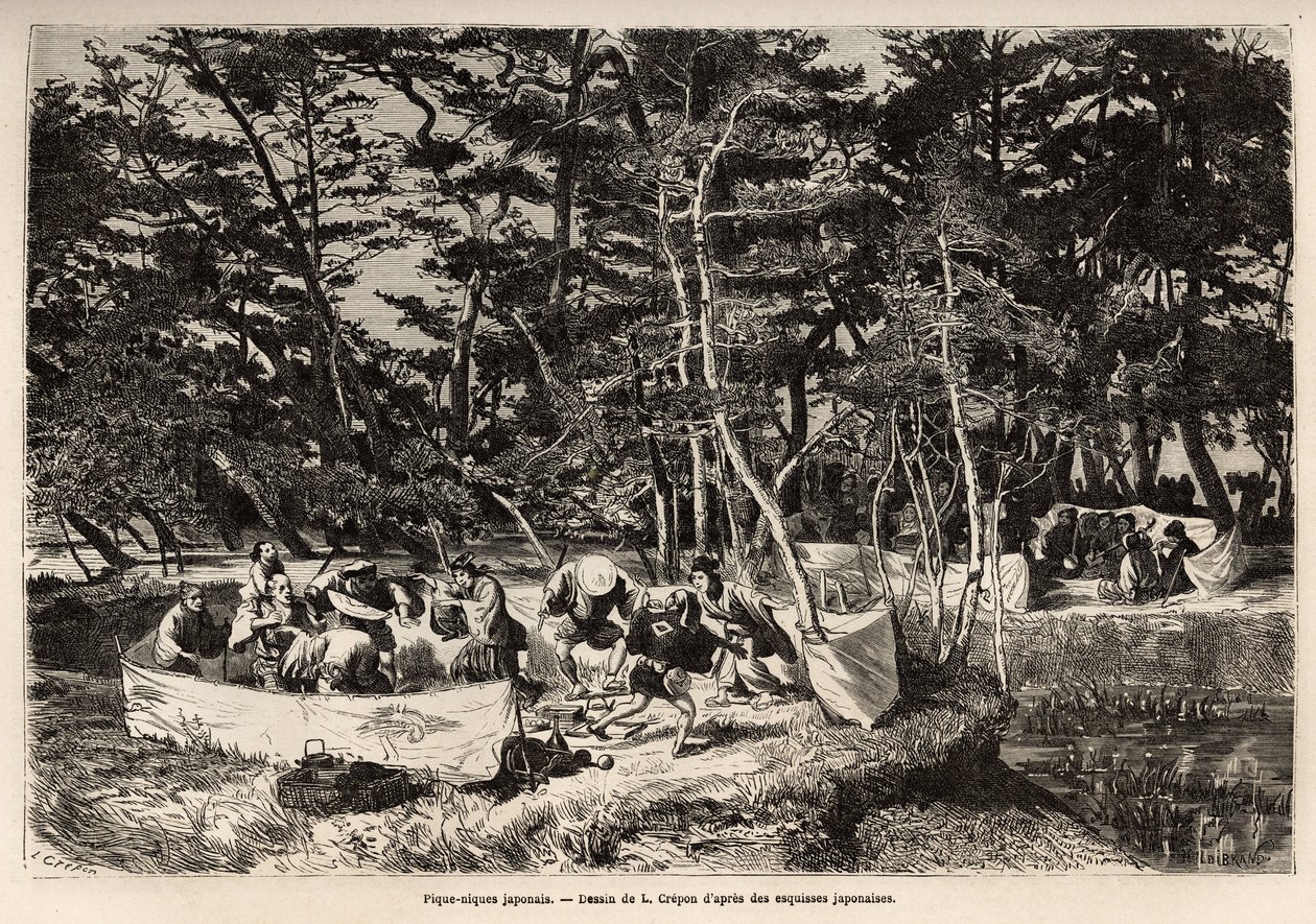 En borgerlig picnic (eller picnic) i forstæderne til Edo (det nuværende Tokyo), inde i et stofindhegning, deler gæster, normalt to familier, deres måltid og er ofte velegnet til lejligheden for musikere, dansere og pantomimer. Gravering til illustration af af Unknown artist