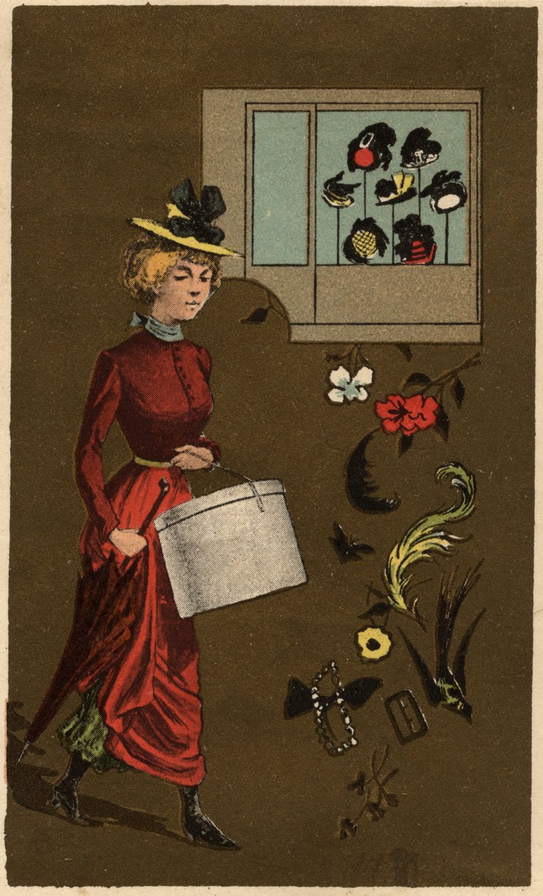 En borgerlig kvinde med hatteæske, anonym kromolitografi, slutningen af 1800-tallet. af Unknown artist