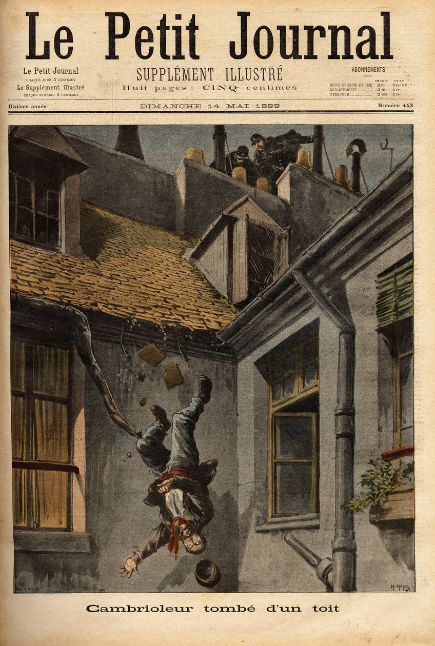 En indbrudstyv falder ned fra tagene på Notre Dame Street i Nazareth i sin nedbør for at flygte foran politibetjentene. Indgravering i "" Le petit journal"" 14/5/1899. Selva samling. af Unknown artist