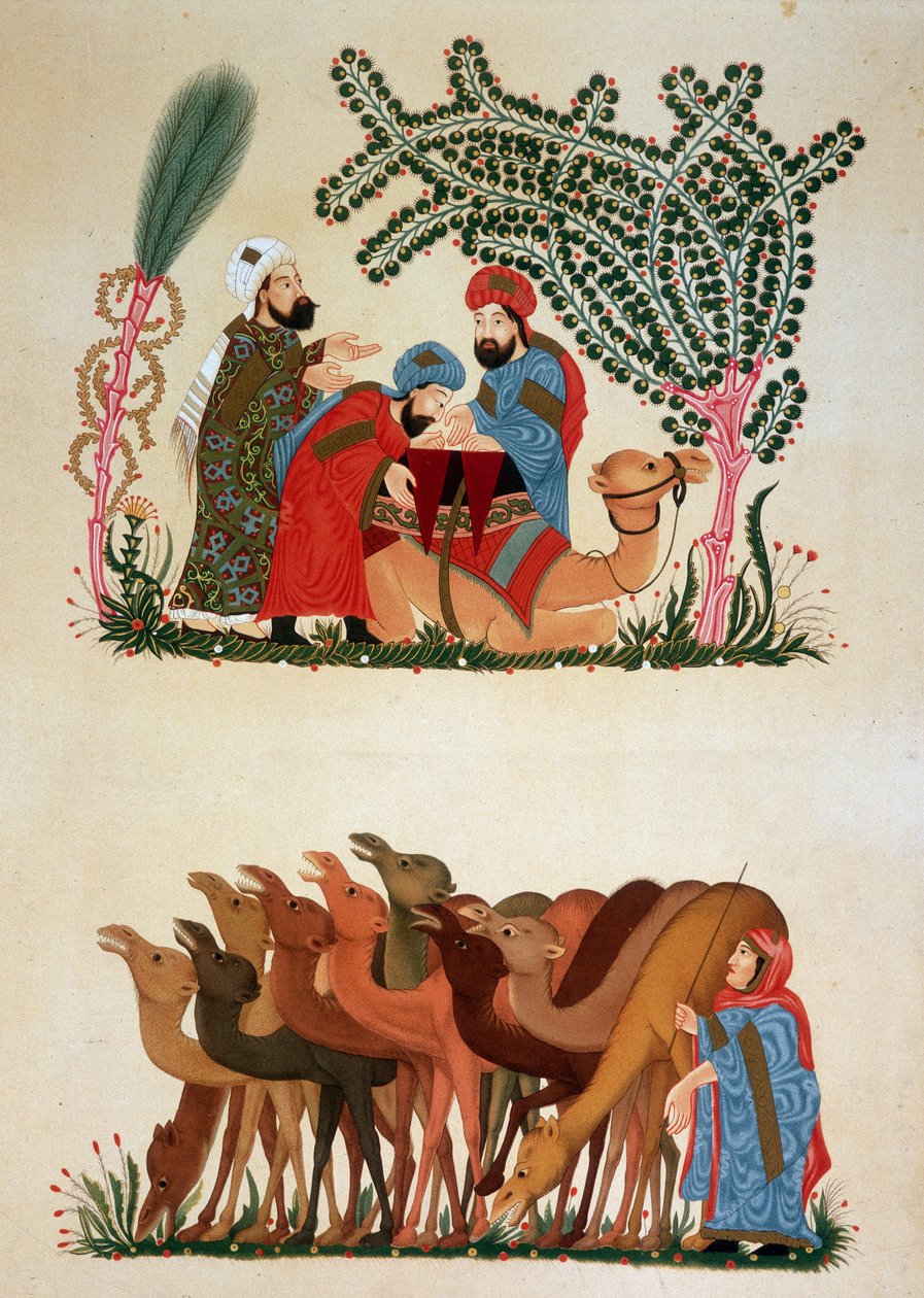 En campingvogn på vej. Illustration af det 13. århundrede af "" Maqamat"" (Seances) af Abu Mohammed al-Kasim ibn Ali Hariri (eller Al-Hariri eller Al Hariri) (1054-1122) i "" Arab Art"" fra monumenterne i Kairo fra det 7. århundrede til det 18. århundrede  af Unknown artist