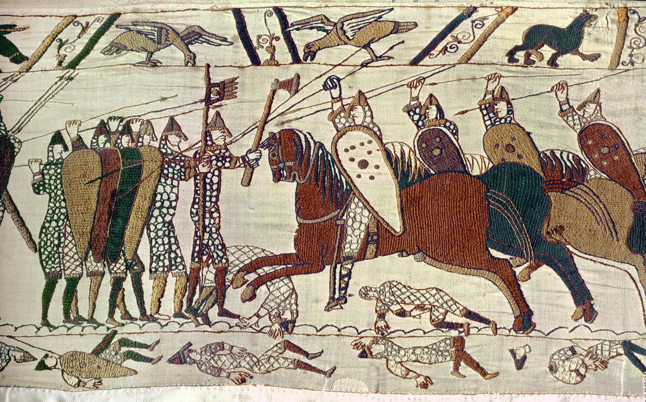 Et angreb med kavaleri. Bayeux-tapetet, broderi (billedtæppe) af Unknown Artist