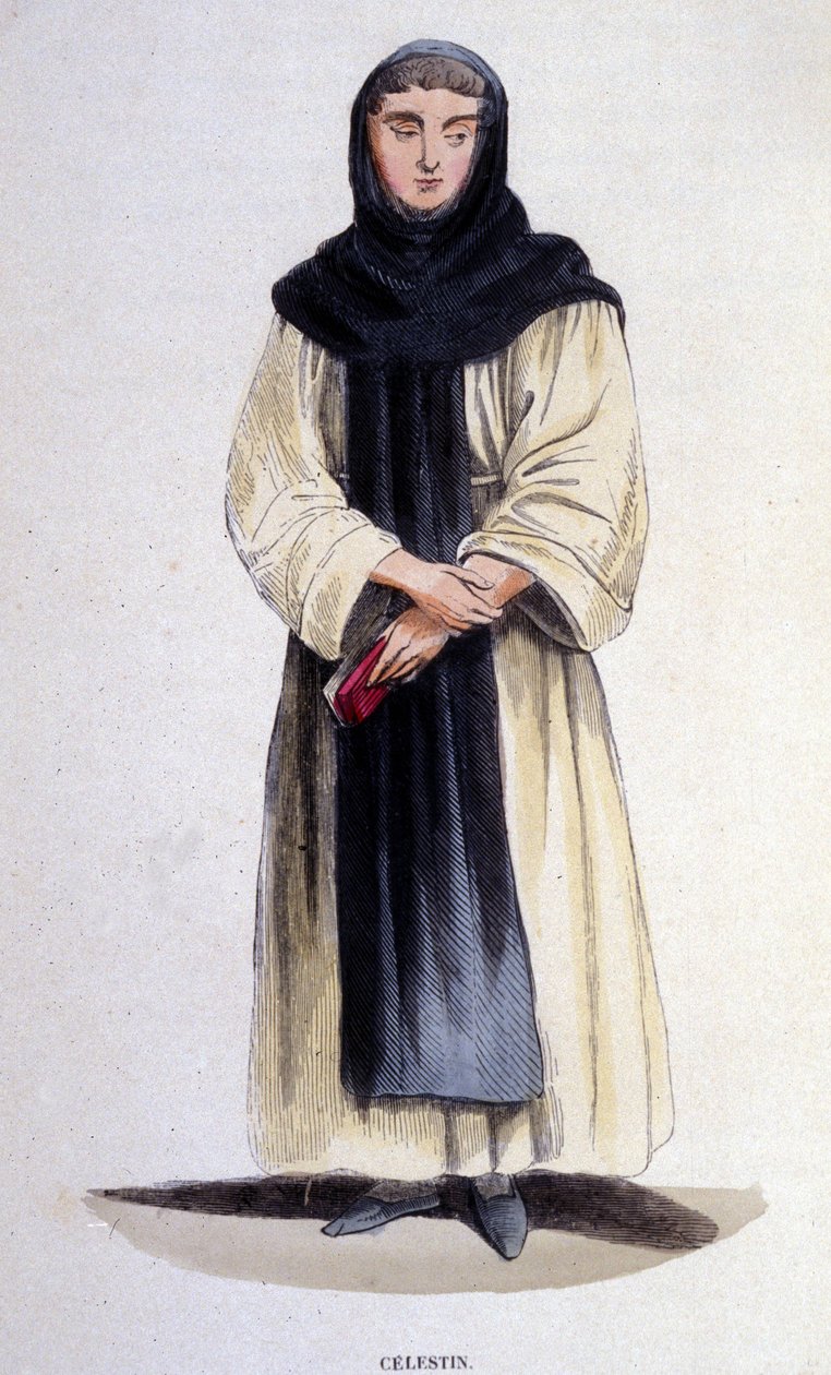 En celestin, religiøs af ordenen grundlagt i 1254 af Célestin V. Indgravering af det 19. århundrede af Unknown artist
