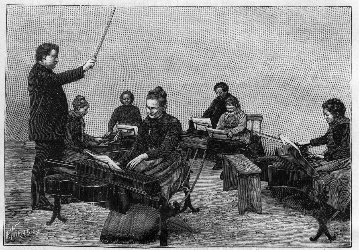 En koncert med monocords udført af unge piger. Indgravering i "" Nature. Journal of science og dets anvendelser til kunst og industri. af Unknown artist