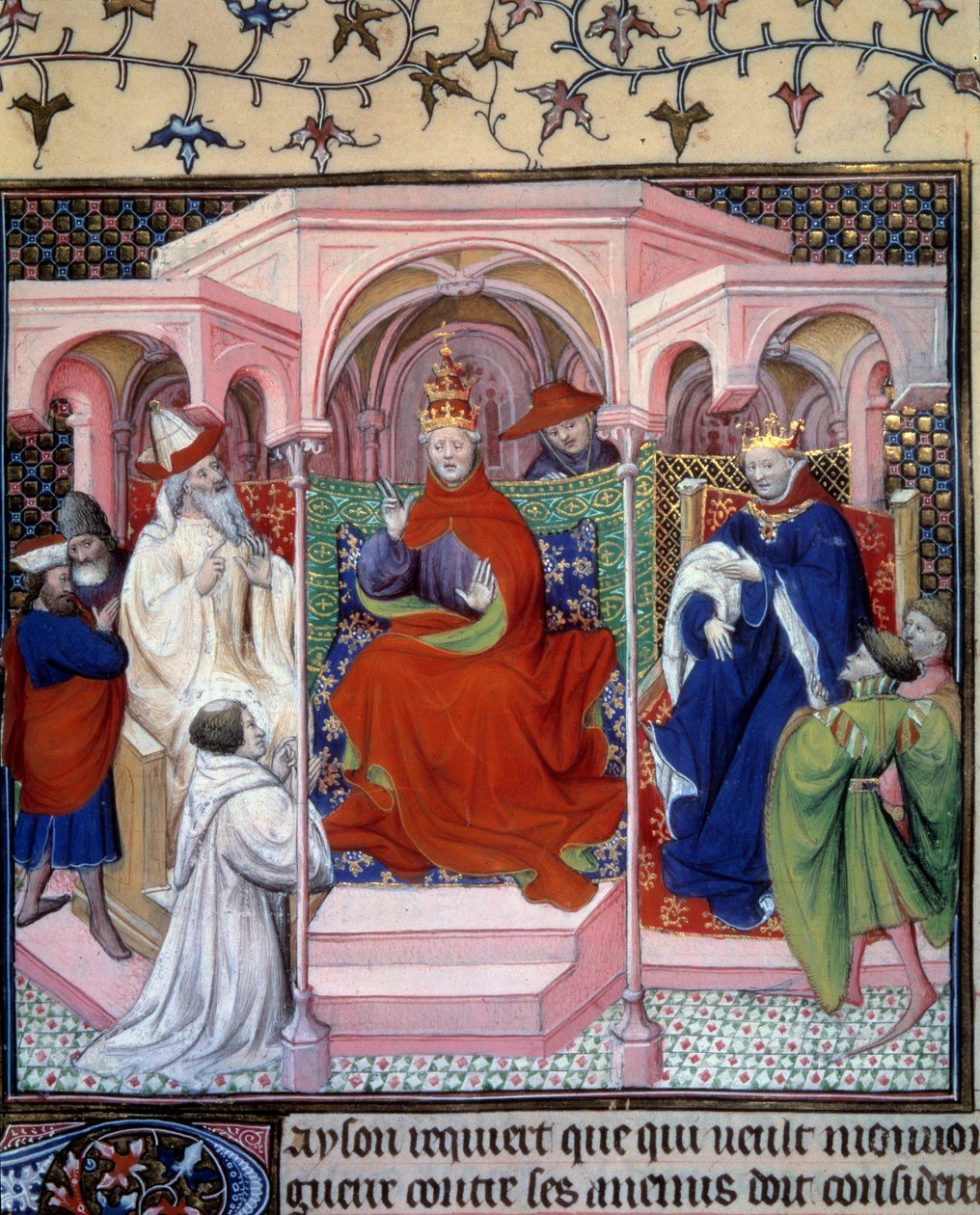 Et råd ledet af pave Clemens V (1264-1314) (i nærværelse af en konge sandsynligvis Filip Bel). Miniature taget fra La Fleur des histoires de la terre d