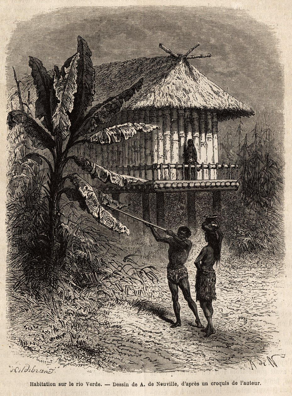 Et par indianere fra Rio Verde (Brasilien) manden med sin sarbacan, foran et typisk hus på pæle. Indgravering til illustration af rejsen til New Granada, af Dr. Saffray, i 1869, udgivet i "" Le tour du monde""" 1873, redigeret af Edouard Charton, e. af Unknown artist