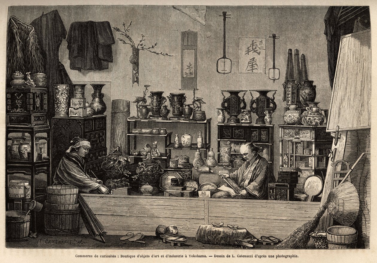 En kuriositetervirksomhed i Yokohama. Gravering til illustration af rejsen til Japan af Aime Humbert, minister for Det Schweiziske Forbund, i 1863-1864, udgivet i "" Le tour du monde""" 1869, redigeret af Edouard Charton, udgave Hachette, Paris. Selva Coll af Unknown artist