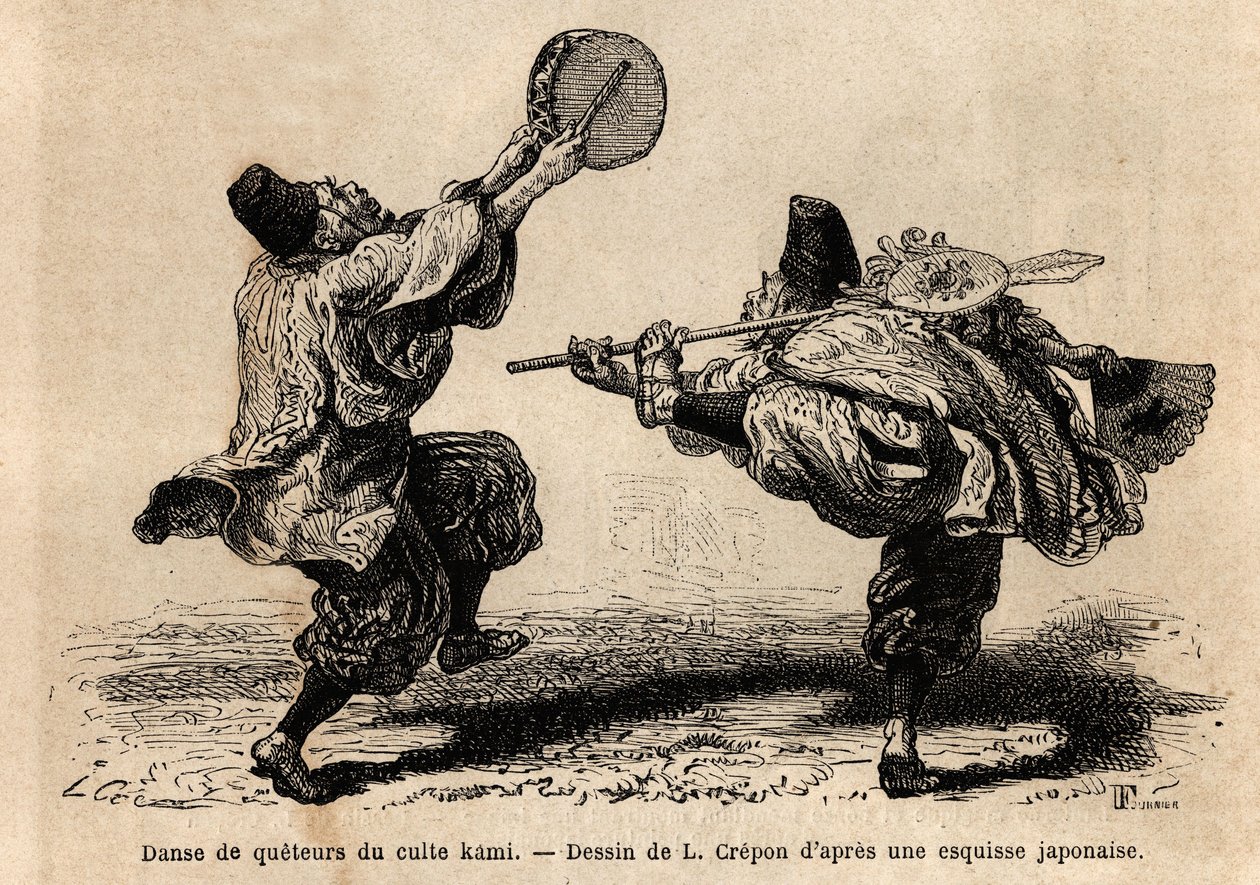 En dans fra Kami-kultens overdragelse med recitation af litanier og uventede koreografiske figurer. Gravering til illustration af rejsen til Japan af Aime Humbert, minister for Det Schweiziske Forbund, i 1863-1864, udgivet i "" le tour du monde"", af Unknown artist