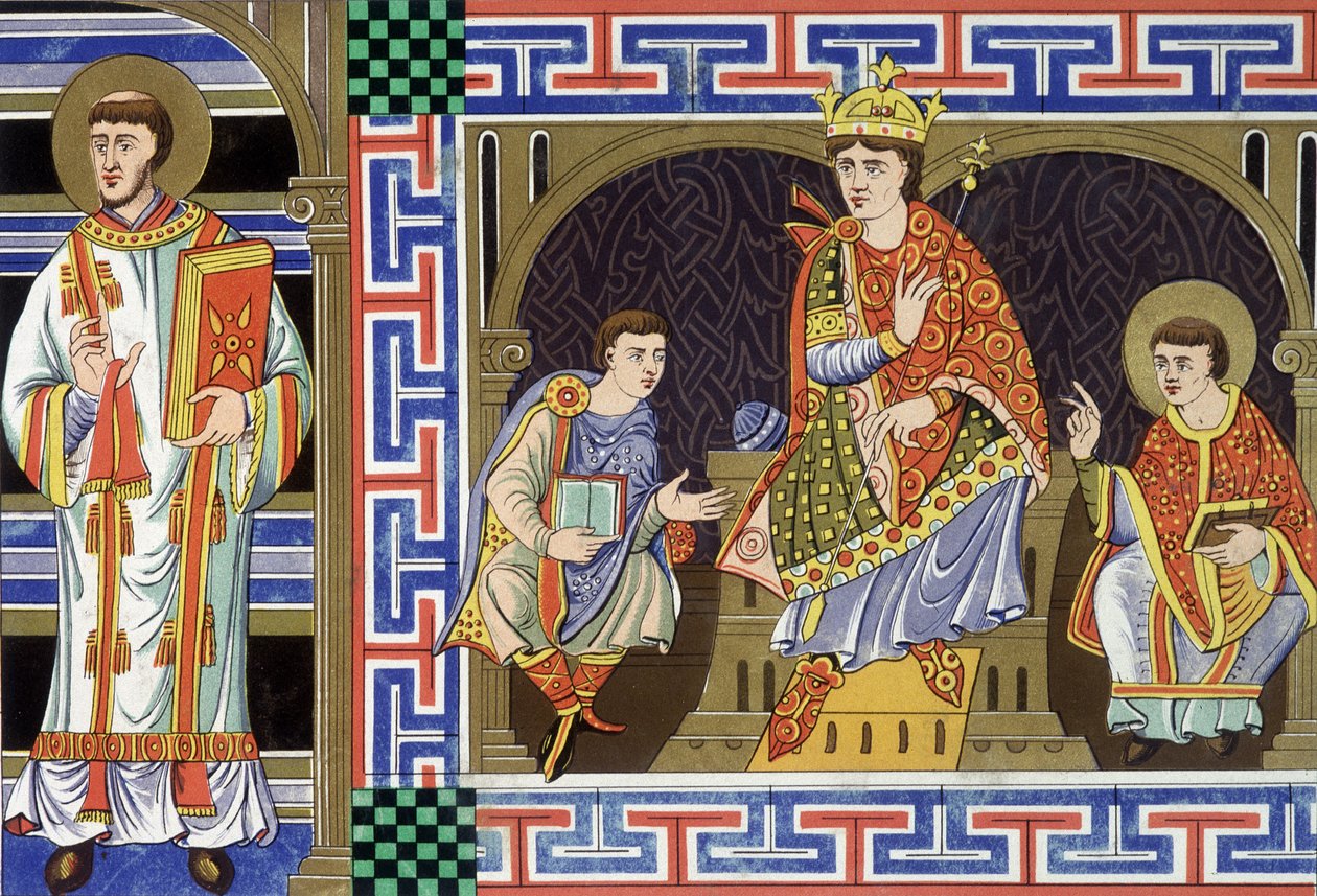 En diakon, en adelig skikkelse, en konge og en eveque, der illustrerer det tiende århundredes folk; Illustration af det nittende århundrede henter fra "Frankrig i det tiende århundrede"". af Unknown artist