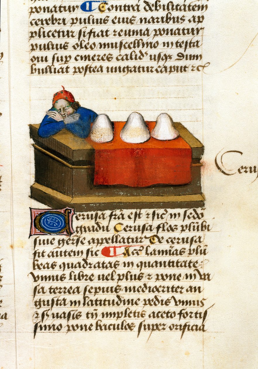 En hjortehandler, bruger til kosmetik Beskrivelse af lægeplanter og hvordan man forbereder dem. Manuskriptside "" Godbidder på urter"" (Tractatus de herbis) af Pedanius Dioscorides (Dioscorides) (40-90 e.Kr.) Lat.1152 af Unknown artist