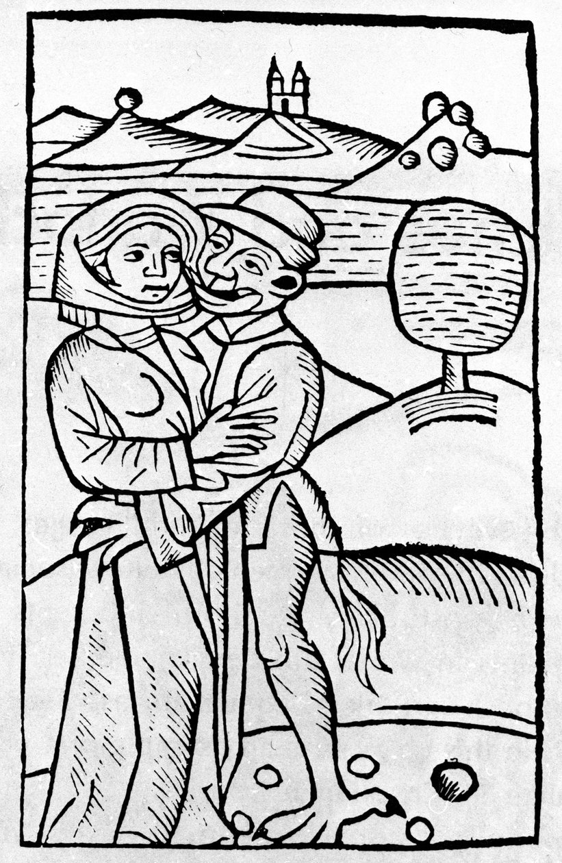 En dæmon kysser en heks. Det tyske xylografi fra 16. århundrede af Unknown artist