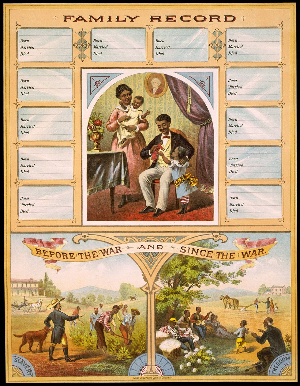 Et diagram, der viser to gårde, der sammenligner slaveri og frihed. Høj del reserveret til optagelse af familiejubilæer. Stik v. 1880. af Unknown artist