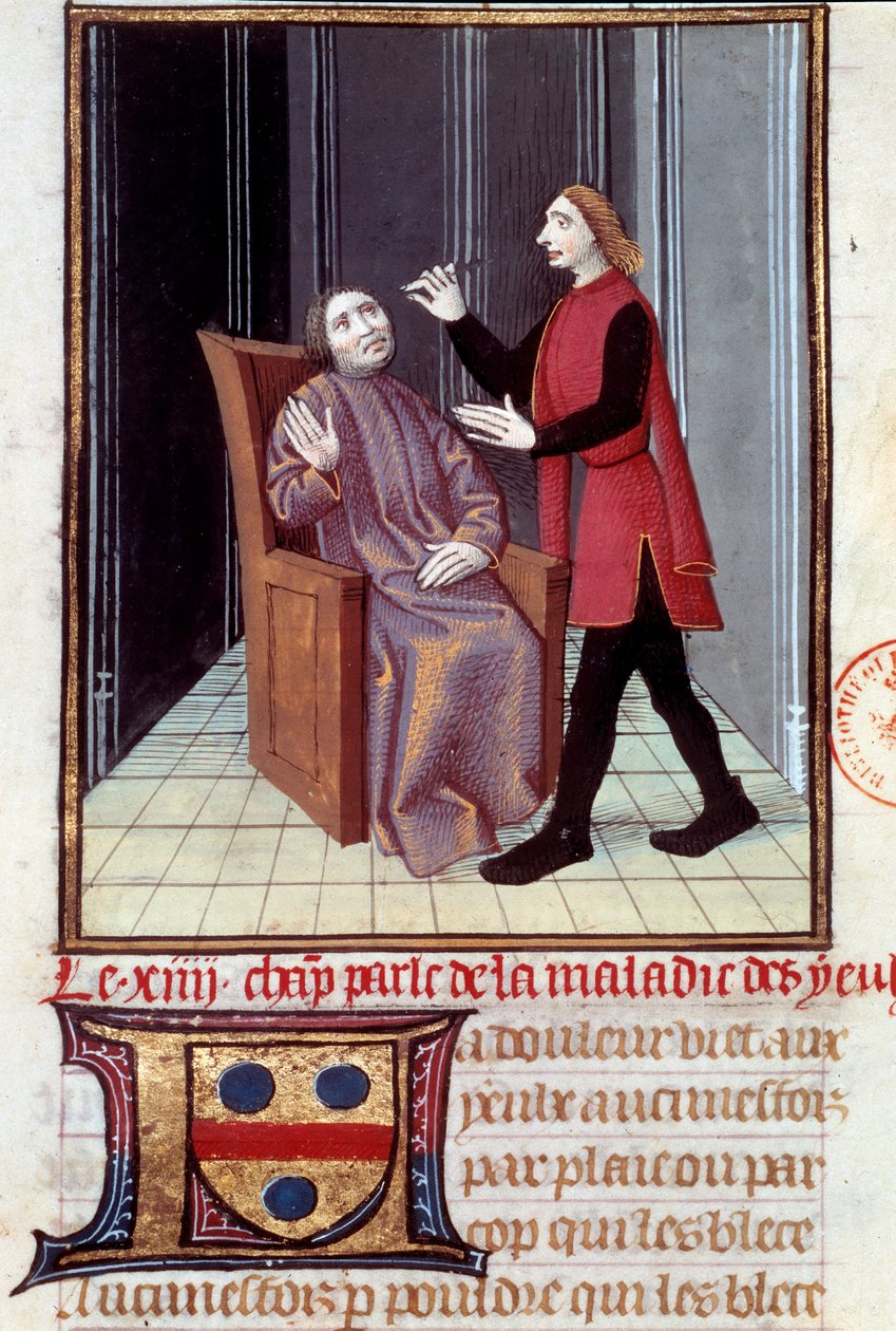 En læge, der opererer øjet på sin patient Miniature taget fra "" Histoire de la medecine"" 1500-tallets Paris, B.N. af Unknown artist