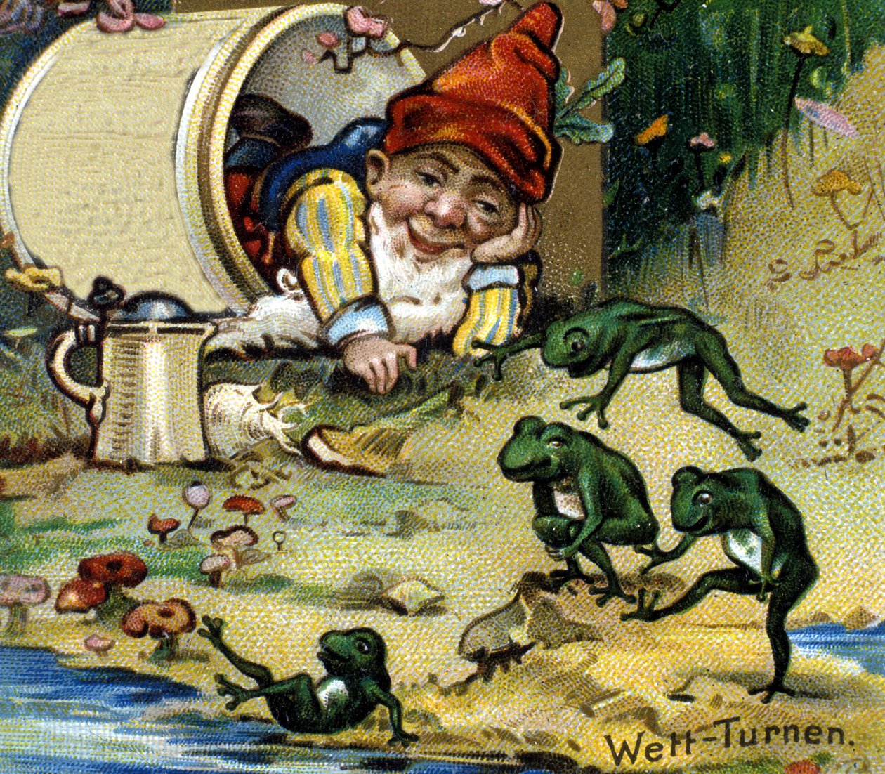En dværg eller farfadet leger med frøer. 1800-tallets kromolitografi. af Unknown artist