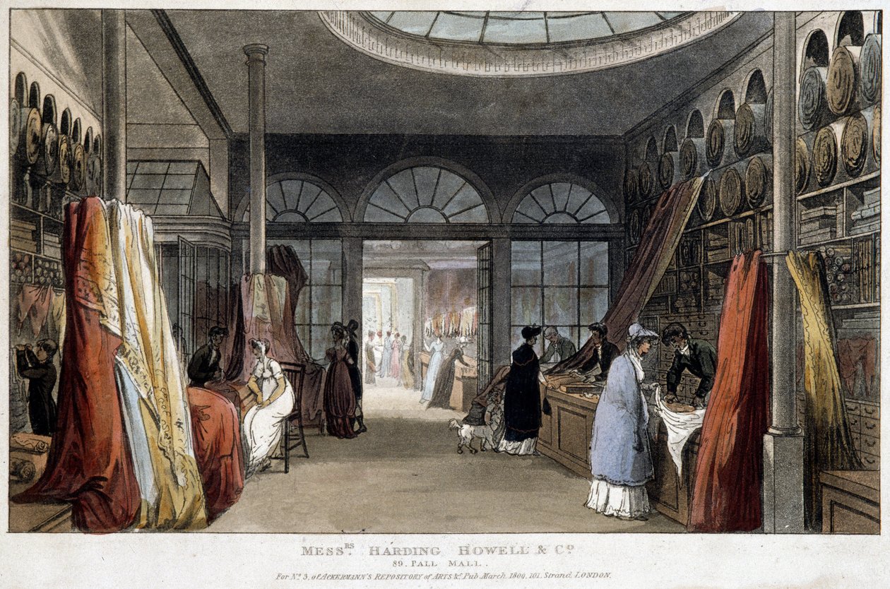En stofbutik i London (England) - Litografi omkring 1800 af Unknown artist