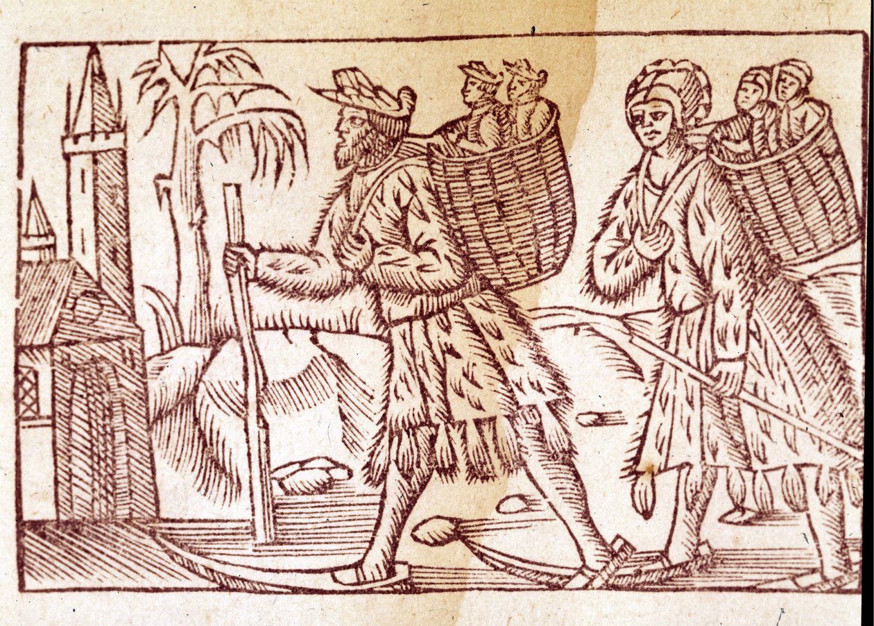 En familie af nordmænd, der rejser på ski. Gravering af Olaus Magnus (1490 - 1557), svensk religiøs og geograf, "Nordens Nations Historie", Venedig af Unknown artist