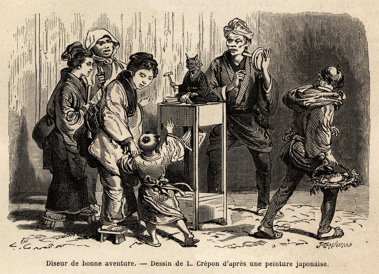 En spåkone i gaderne i Edo (nu Tokyo). Gravering til illustration af rejsen til Japan af Aime Humbert, minister for Det Schweiziske Forbund, i 1863-1864, udgivet i "" le tour du monde"", under ledelse af Edouard Charton, Hachette, Pari af Unknown artist