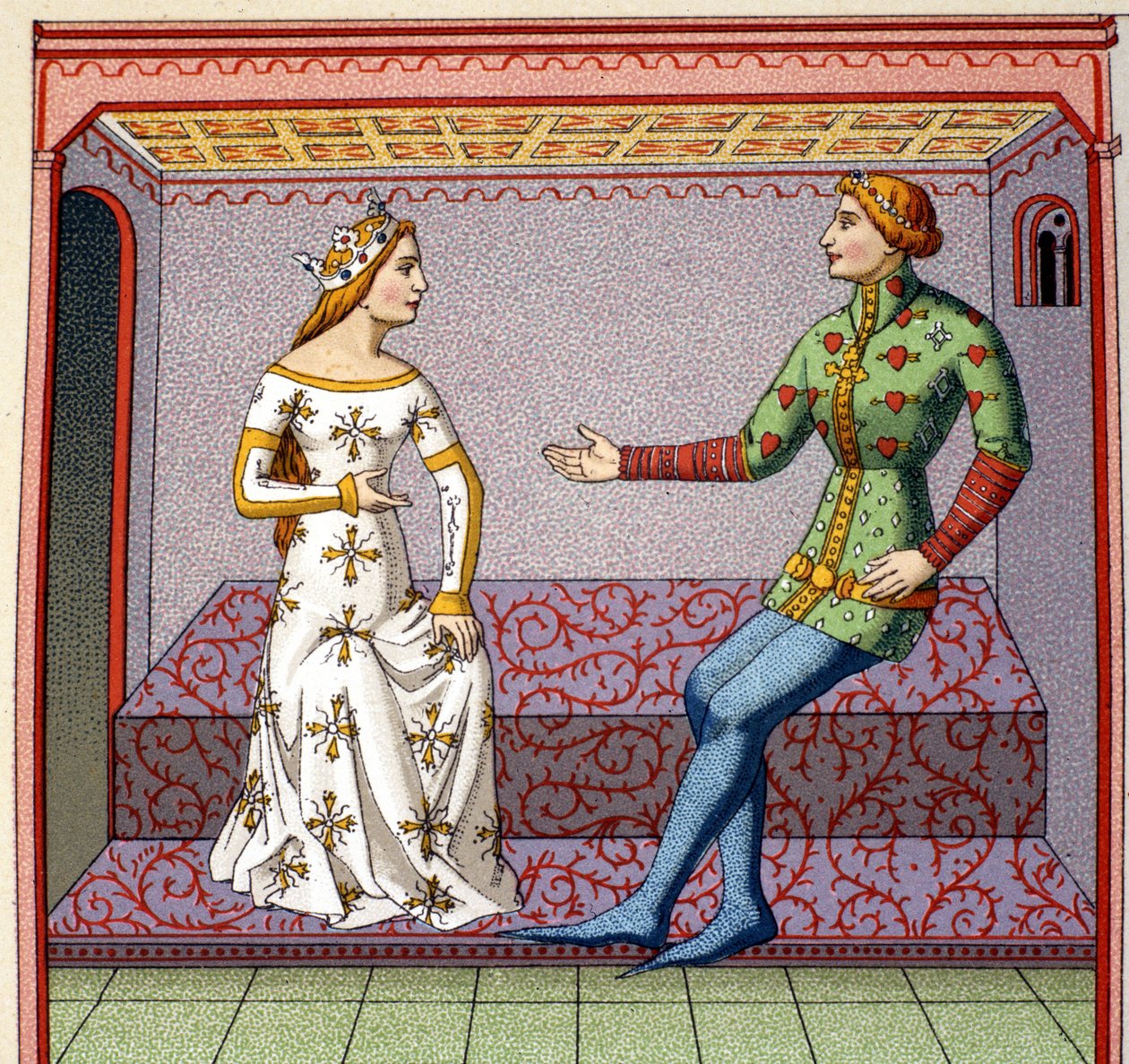 En galante scene i middelalderen: en ung mand bejler til en prinsesse. Faux college efter et manuskript. 19. århundrede. af Unknown artist
