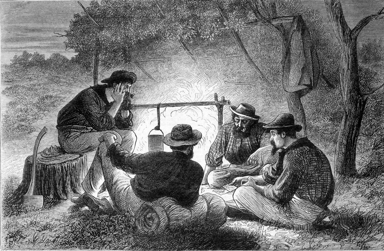 Et spil kort omkring et lejrbål i Queenslaw, Australien. af Unknown artist