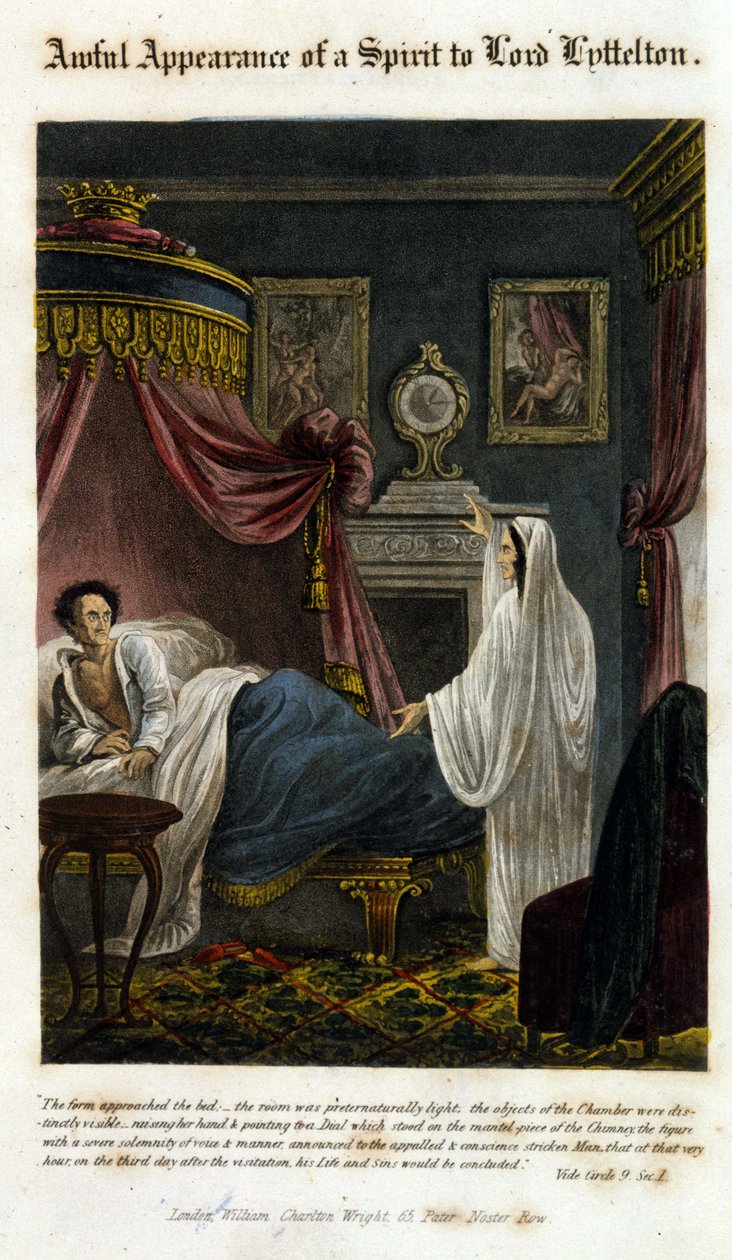 Et spøgelse dukker op foran Lord Lyttelton for at meddele hans død. 1825. Bibel. Morando, Milano. af Unknown artist