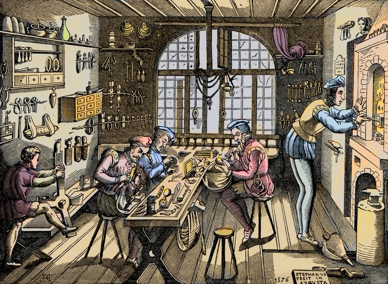 Et guldsmedeværksted - Håndværk: udsigt over værkstedet af Etienne Delaune (1518-1583), guldsmed, fransk bogtrykker. Gravering efter en original fra 1576. Værksted af Etienne Delaulne, en guldsmed i Paris af Unknown artist