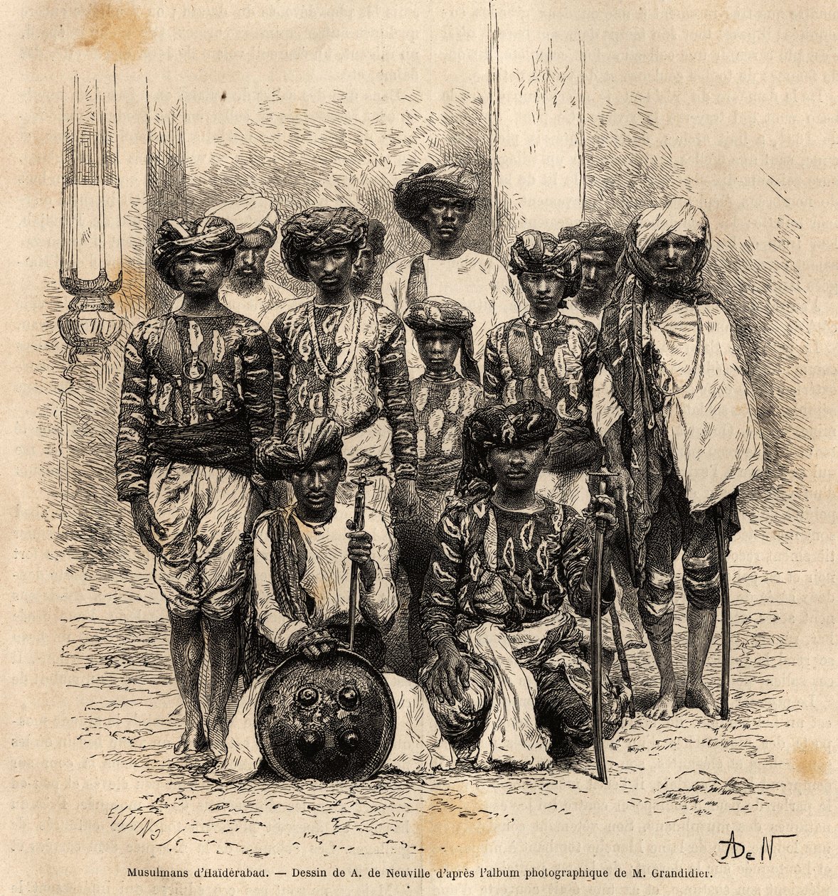 En gruppe muslimske mænd i Haiderabad, Pakistan. Gravering til illustration af rejsen i Indiens meridionalprovinser, af Alfred Grandidier, i 1862-1864, udgivet i "" le tour du monde"", under ledelse af D