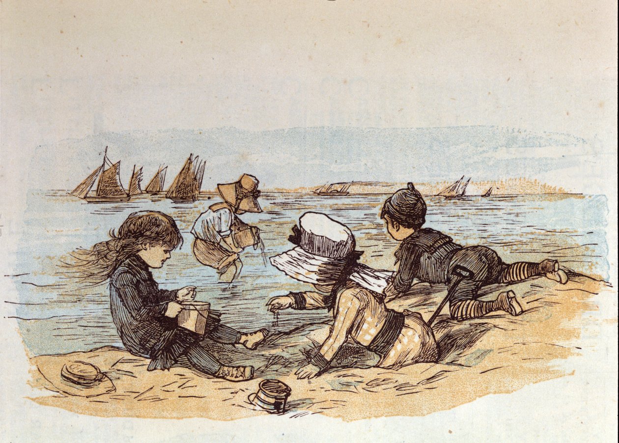 En gruppe børn leger ved vandet i sandet. 1881 af Unknown artist