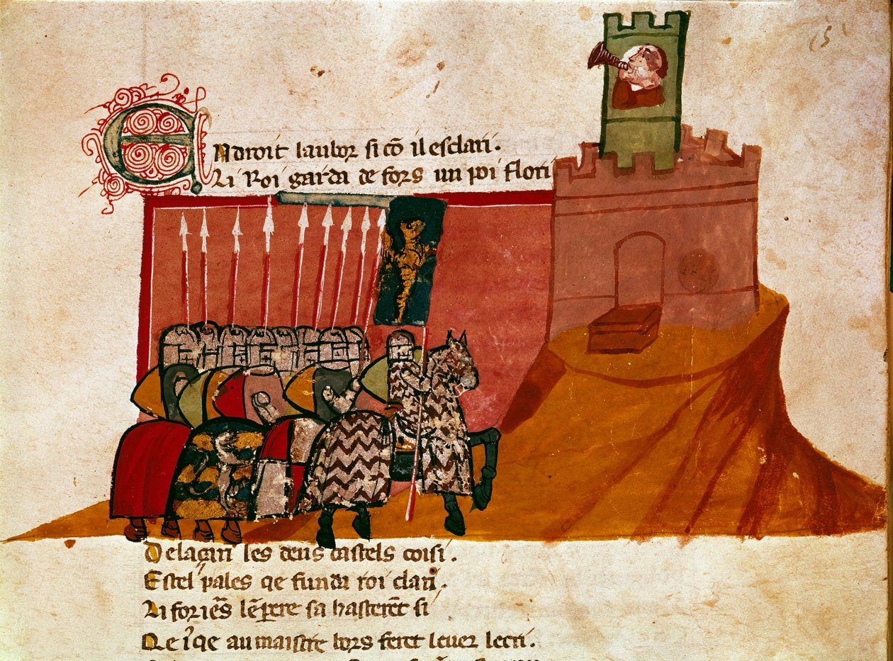 En gruppe francriddere ankommer til et miniatureslot fra "Entree of Spain"". Venedig fra det 14. århundrede, Biblioteca Marciana. af Unknown artist