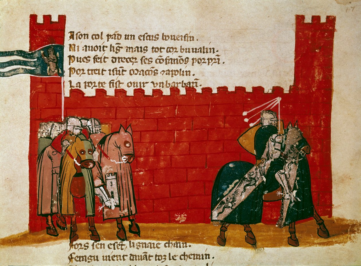 En gruppe riddere, der forlader et miniatureslot fra "" Entree of Spain"". Venedig fra det 14. århundrede, Biblioteca Marciana af Unknown artist