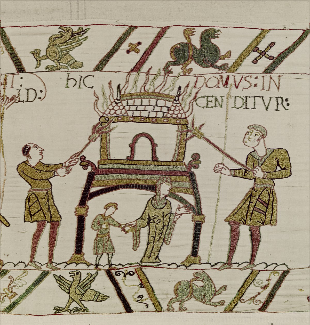 Et hus er brændt af normannerne, Bayeux Tapestry (uldbroderi på linned) af Unknown artist