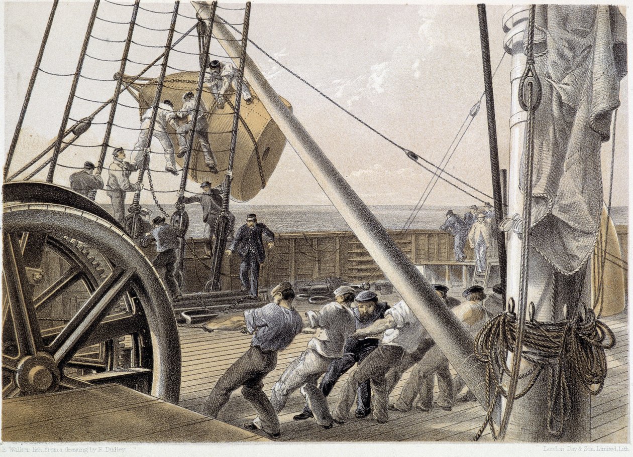 En enorm pletbøje blev trukket den 2. august 1858 - i "The Atlantic telegraph" af W. H. Russel, ca. 1860 af Unknown artist