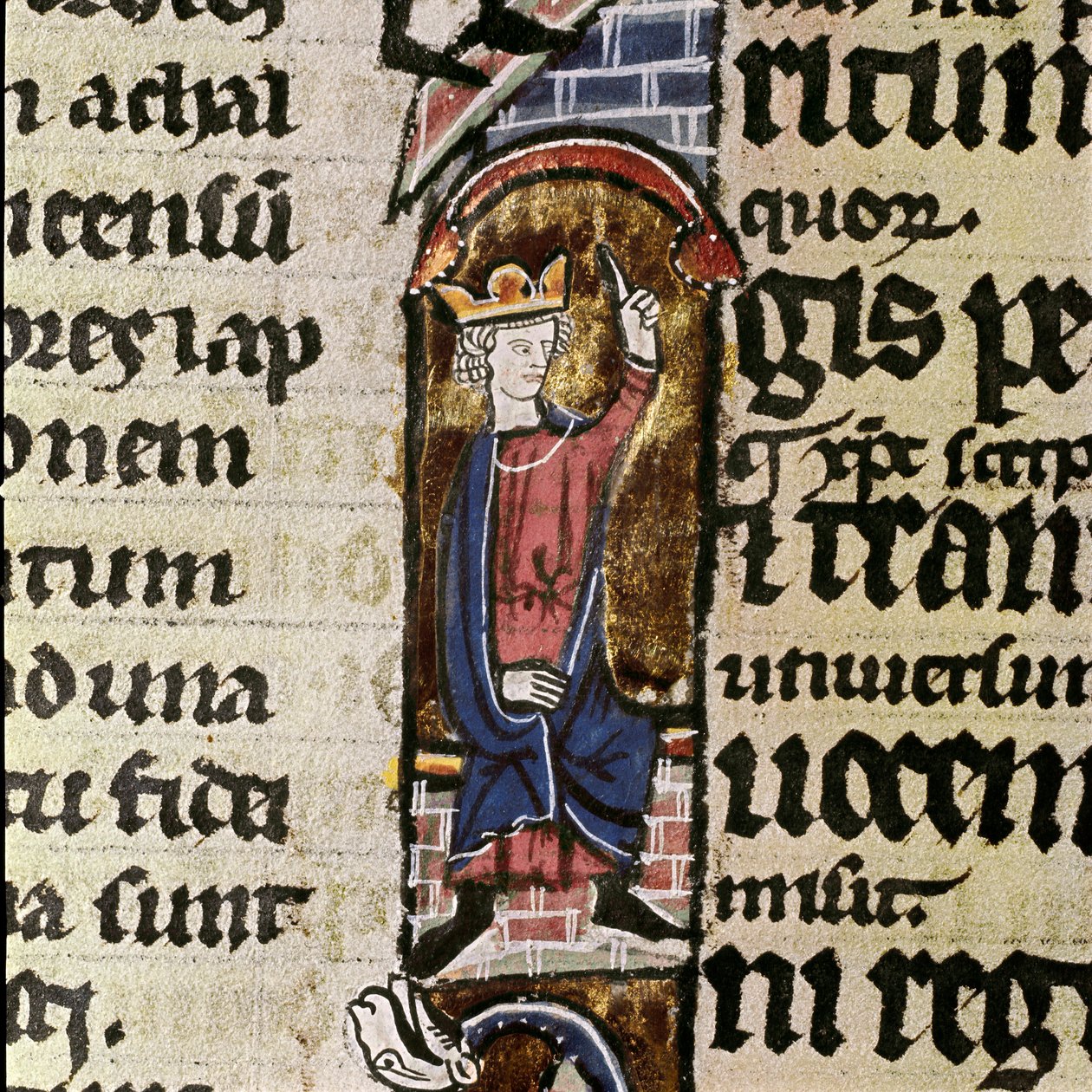 En kongeassistent til genopbygningen af templet i Jerusalem. Detalje af en manuskriptside i Bibelen fra Saint Ludovic. Biblioteca Comunale Assises fra det 14. århundrede, Italien af Unknown artist