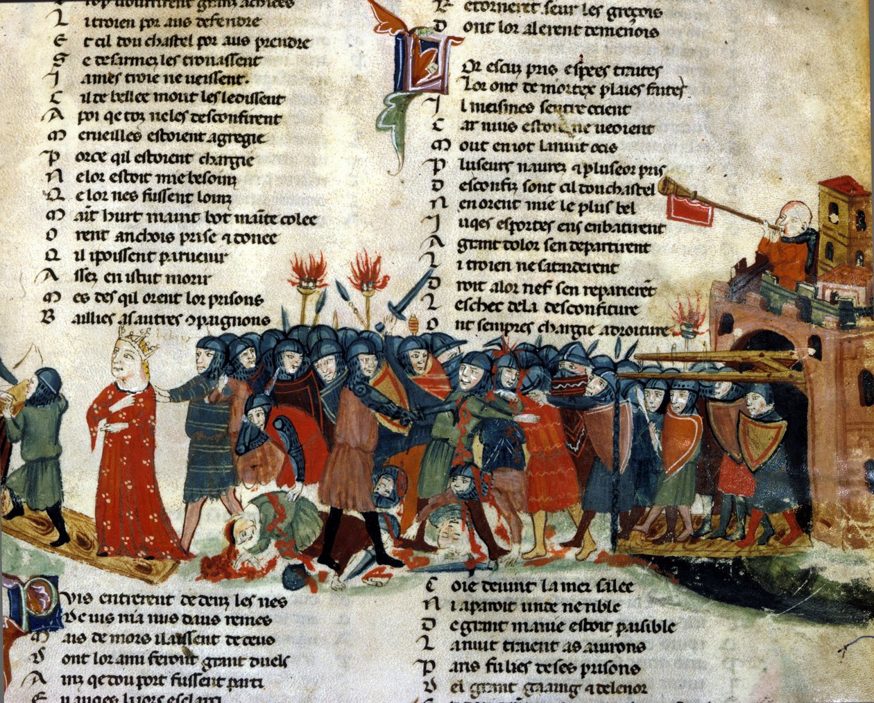 En konge bliver taget til fange og taget væk af fjendens hær, mens ofrene for slaget ligger på jorden. Miniature af "Roman de Troy"" af Benoit de Saint Maure. Biblioteca Marciana fra det 14. århundrede, Venedig af Unknown artist