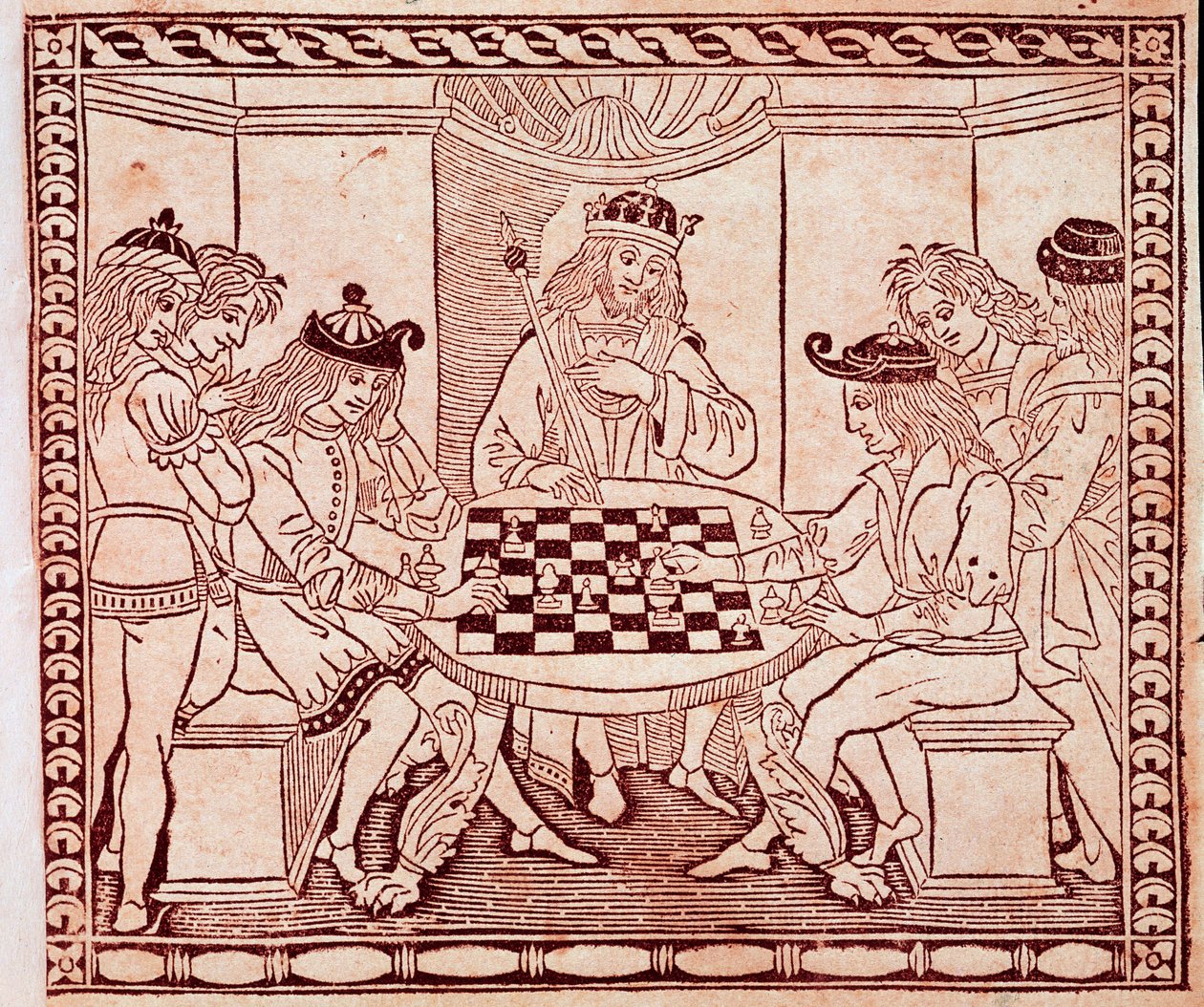 En konge, der ser et skakspil Xylografi fra forsiden af "De Ludo Scorcorum" af Jacopo de Cessoles (1300-tallet) Venedig Biblioteca Marciana af Unknown artist