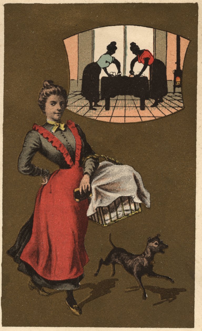 En vaskemaskine, der bærer vasketøj i en kurv. Anonym kromolitografi, slutningen af det 19. århundrede. af Unknown artist