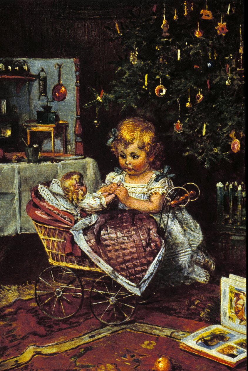 En lille pige opdager dukken og barnevognen under juletræet. 19. århundrede af Unknown artist