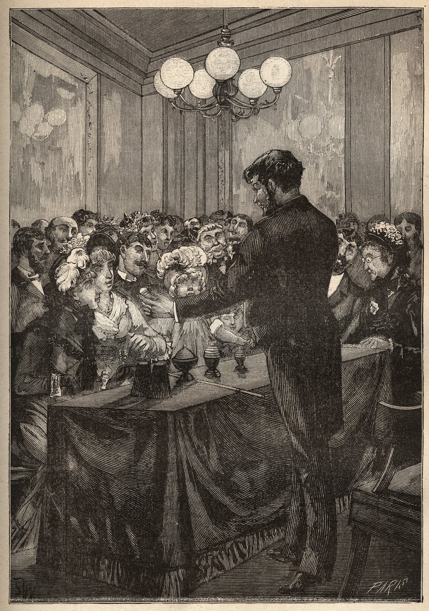 En tryllekunstner bruger en muskatnødæske til at få en kugle til at dukke op og forsvinde. Indgravering fra 1885 i "" Les arts et metiers illustres"" af Adolphe BITARD. af Unknown artist