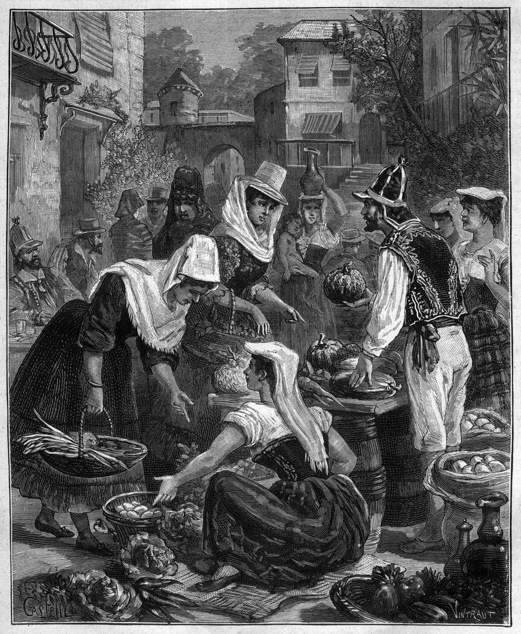 En markedsdag på Tenerife (Tenerife) på De Kanariske Øer i Atlanterhavet - En dag med gåture på Tenerife (Tenerife) på De Kanariske Øer i Atlanterhavet - gravering af 1888 af Unknown artist