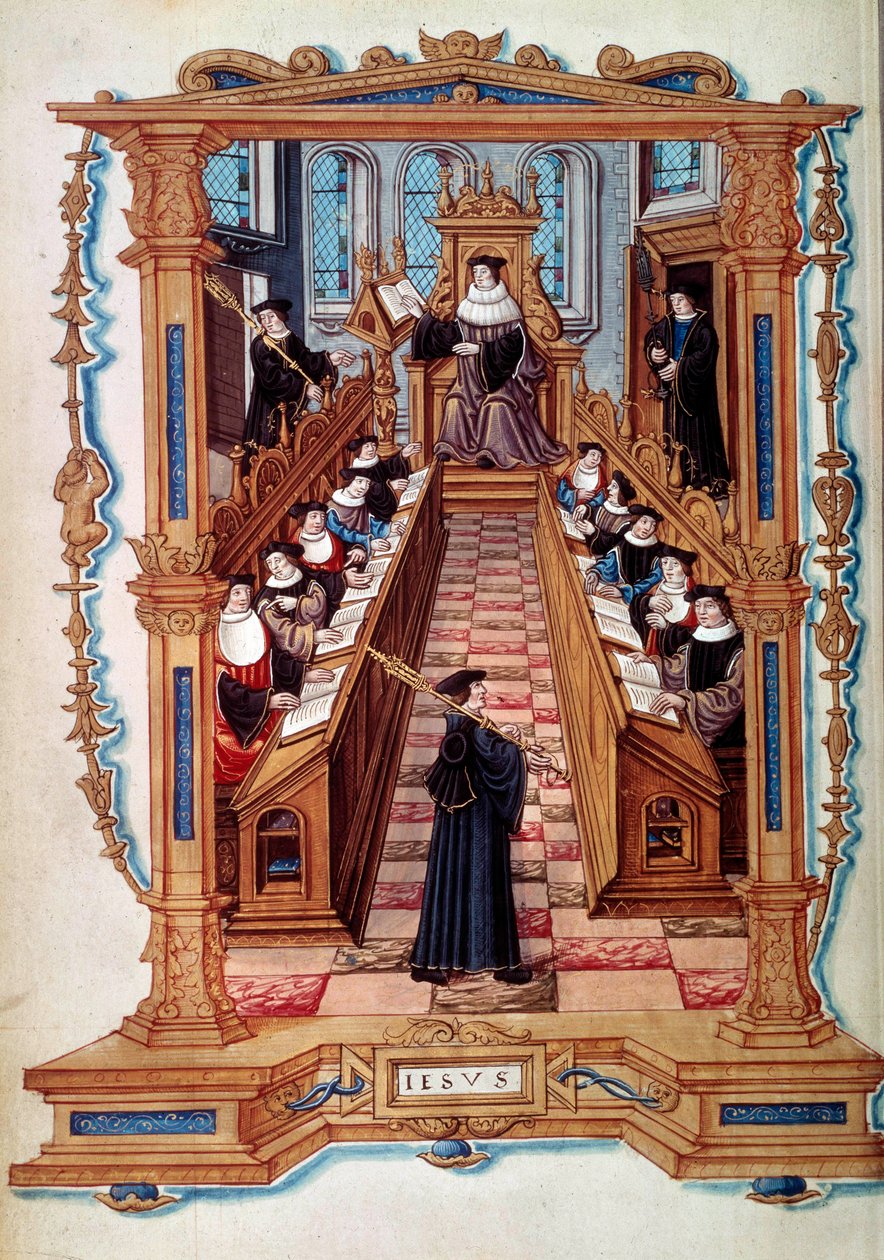 En mesterdomstol i et rum på Sorbonne-universitetet i Paris i middelalderen. Fra en miniature. 16. århundrede af Unknown artist