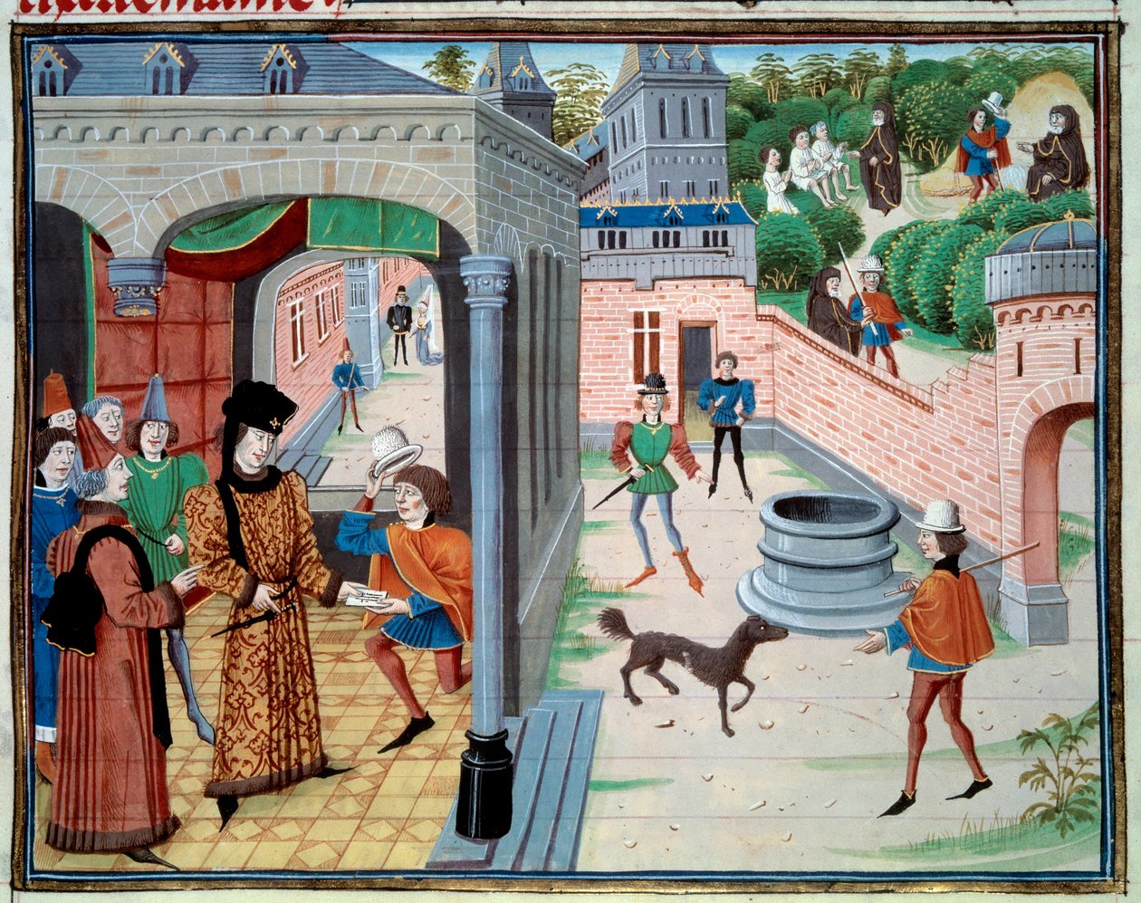 En budbringer. Miniature fra manuskriptet "Renaud de Montauban" eller "Les quatre fils Aymon" af Loyset Liedet (aktivt mellem 1448 og 1478). Fru 5073. Bibliotheque de l